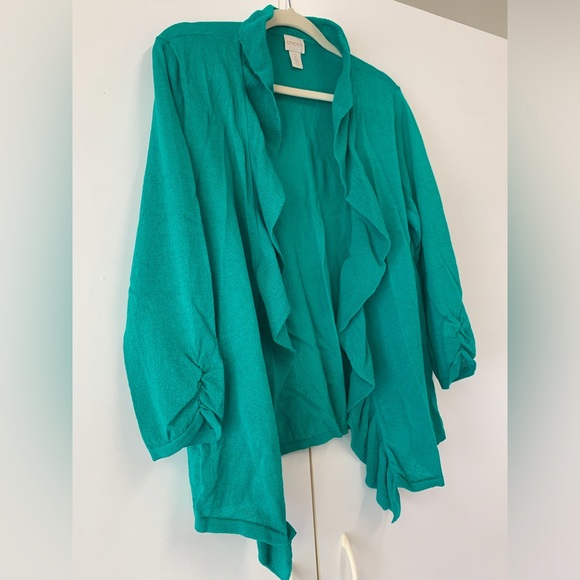 Chico’s Teal Ruffled Open Front Cardigan - sz 2 (L) - Picture 2 of 12